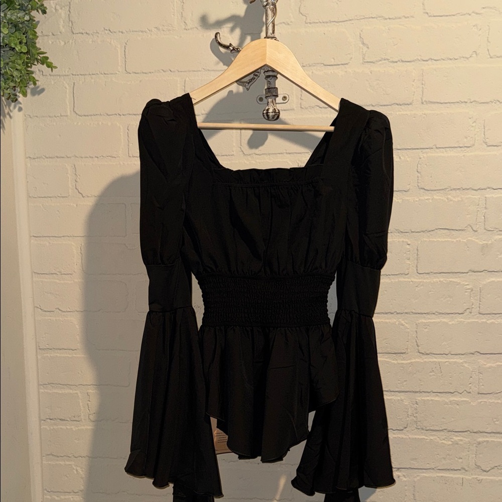 Peplum shirt smocked waist NEW black goth dark academia fairy cascade sleeve